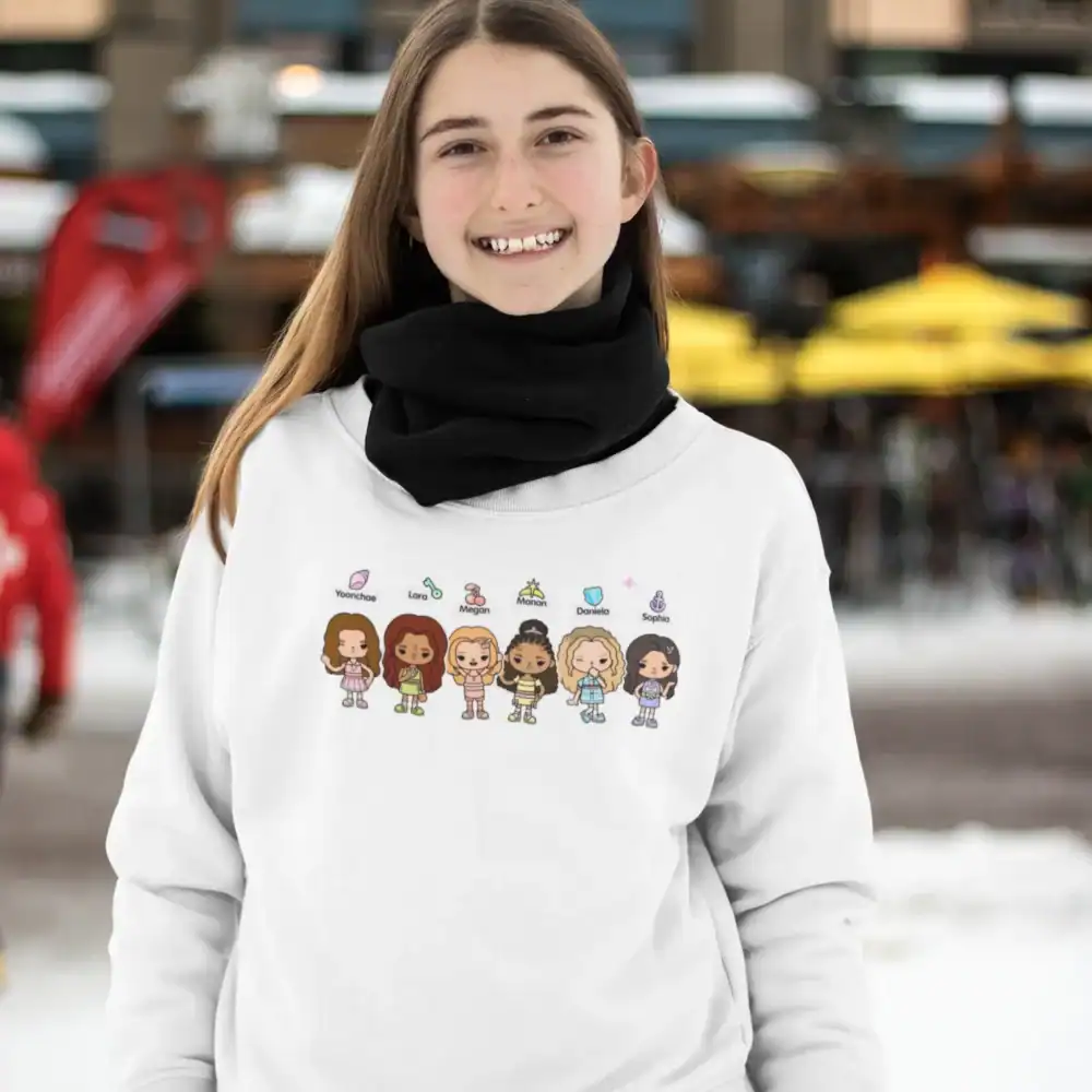 pretty girl similing while wearing white katseye sweatshirt with drawing design