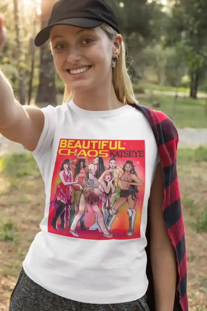 blonde girl wearing white katseye tshirt made of cotton