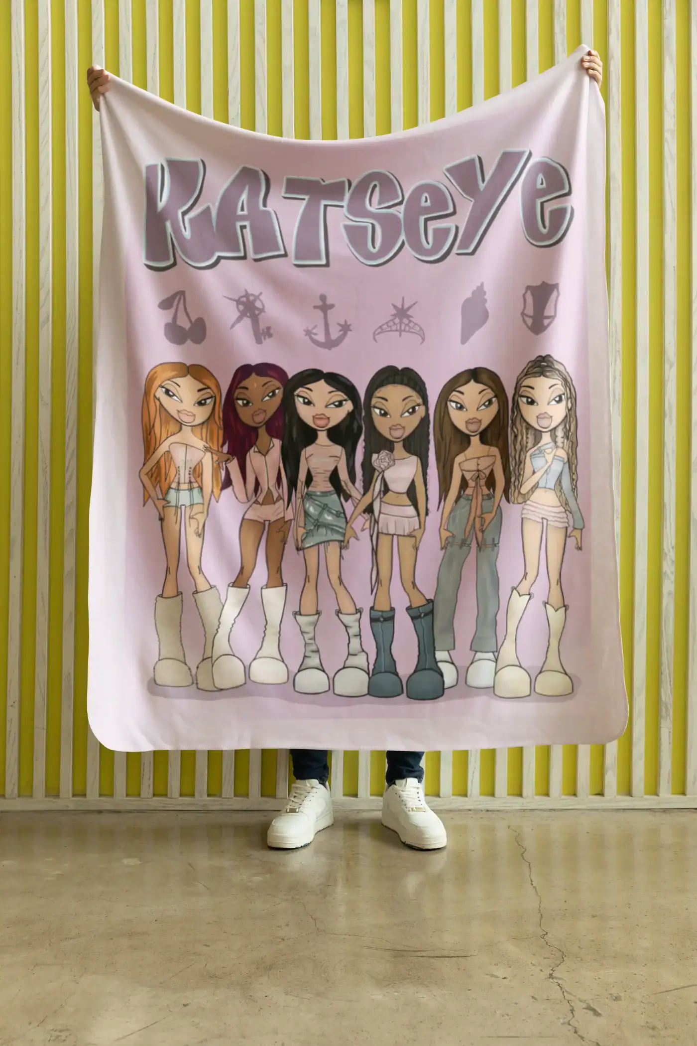 guy holding katseye blanket featuring all band members in modern design