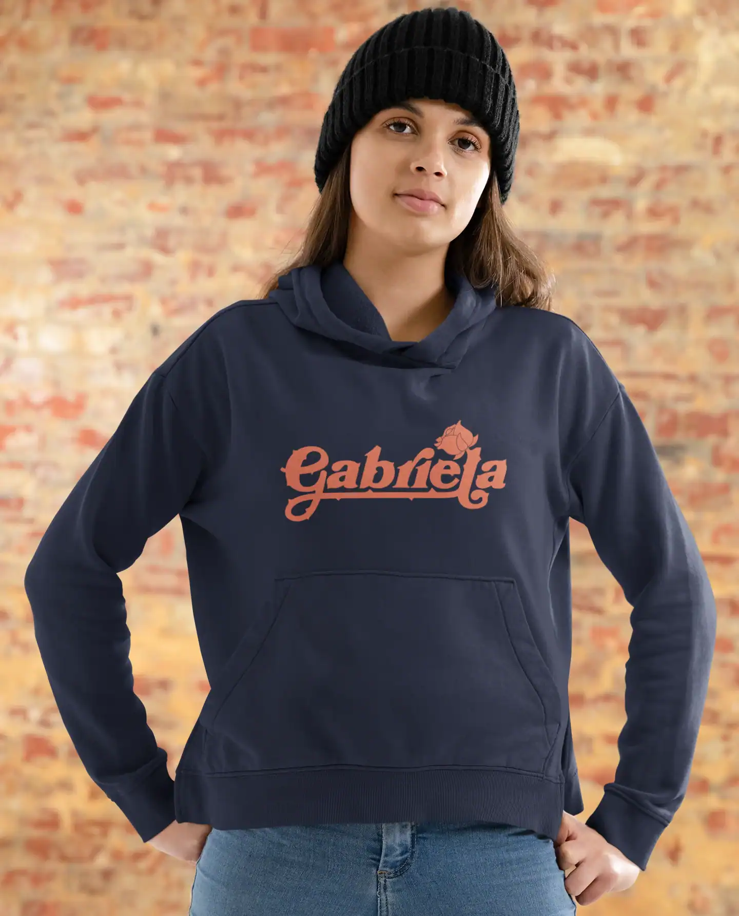 girl wearing blue katseye gabriela hoodie