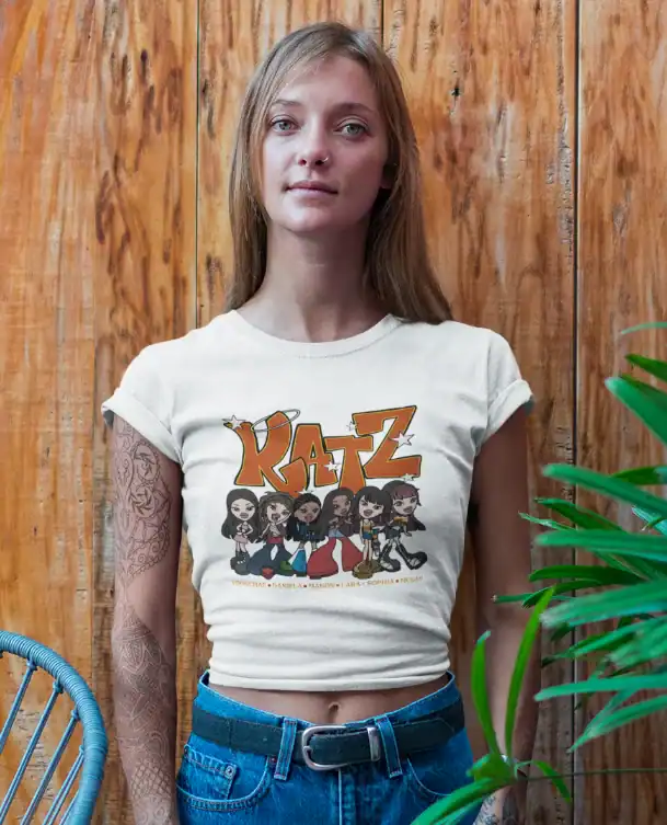 model wearing Katseye Katz white T-Shirt