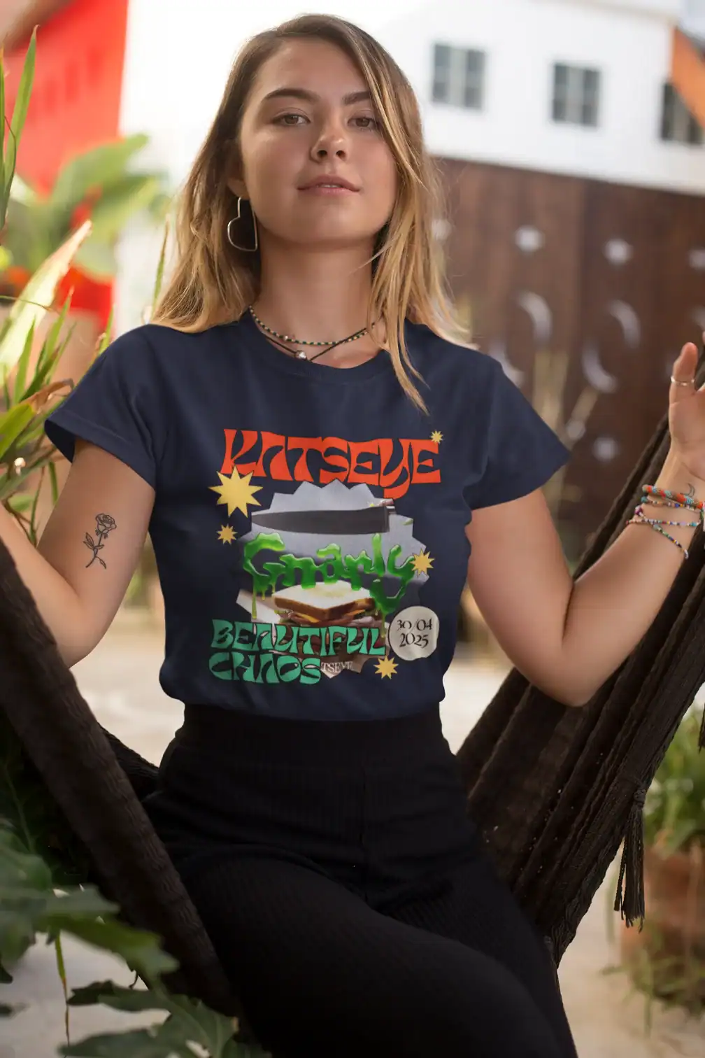 model wearing blue katseye beautiful chaos t-shirt authentic